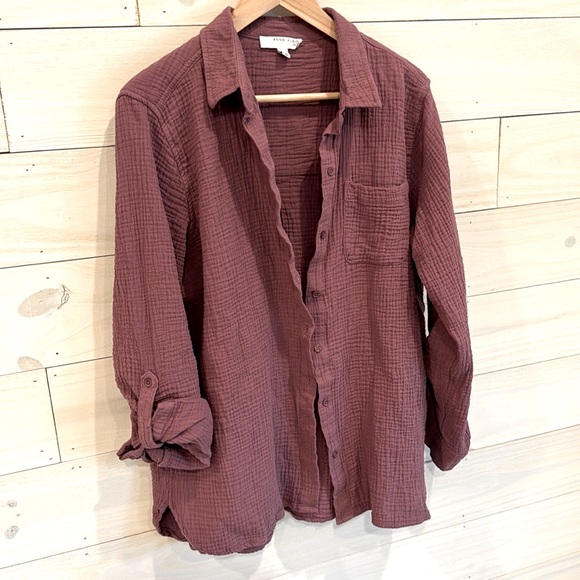 Anne Klein Tops - Muslin Crinkle cotton blouse top Tunic longline tab sleeves gauzy plum Size L
